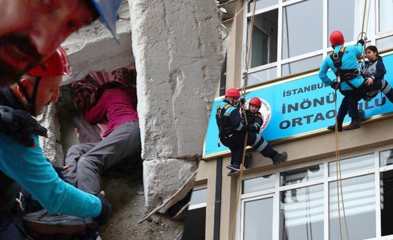 Gerçeği aratmadı: Mahsur kalan öğrenciler halat yardımıyla tahliye edildi