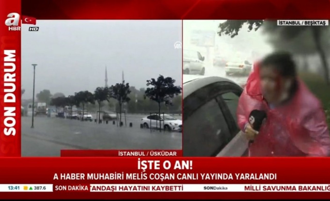 A Haber muhabiri İstanbul'daki fırtınayı anlatırken canlı yayında kanlar içinde kaldı