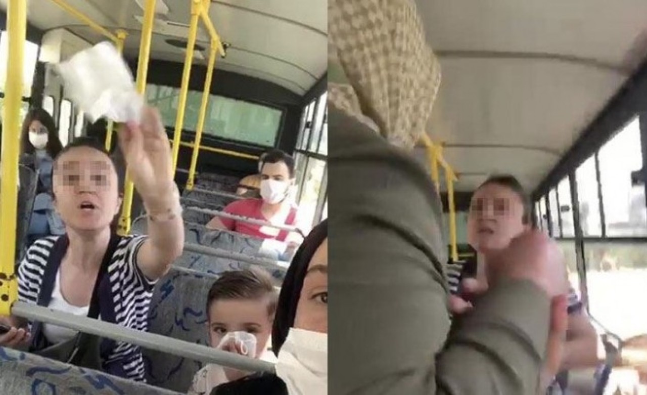 Halk otobüsüne maskesiz binen kadın kendisini uyaranlara saldırdı