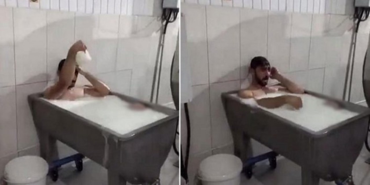 Benefit Süt Toplama Merkezi'nde süt banyosu yapan Emre Sayar ile çeken Uğur Turgut gözaltına alındı