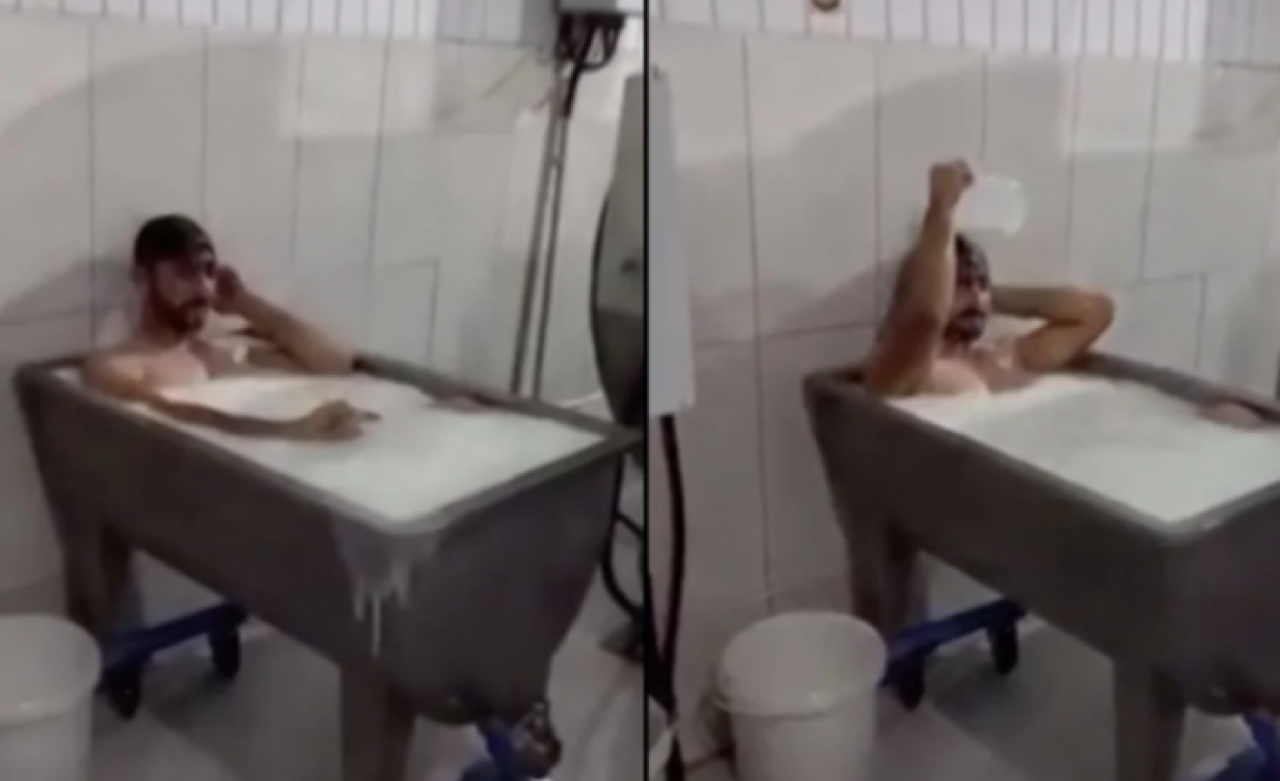 Konya'daki süt fabrikasında skandal görüntüler: Kazanın içine girip banyo yaptı!