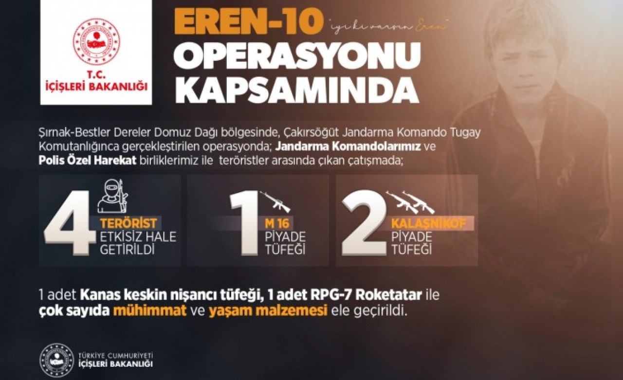 Şırnak'taki Eren-10 Operasyonu'nda 4 terörist etkisiz hale getirildi