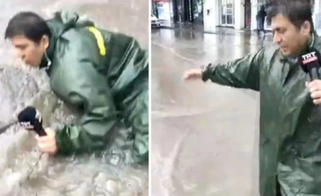 TRT muhabirinin zor anları! Sel haberini sunarken canlı yayında rögara düştü