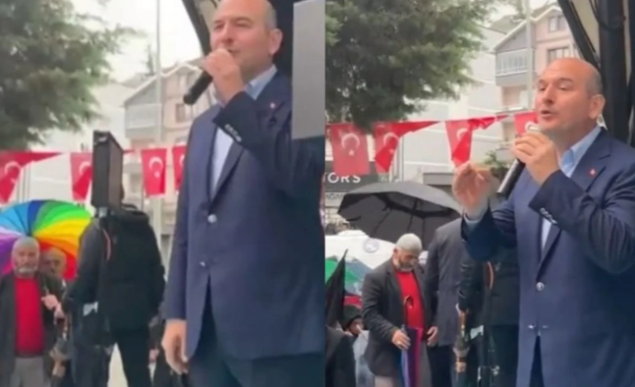 Bakan Soylu’yu dinleyen vatandaşın ‘gökkuşağı’ renkli şemsiyesine müdahale edildi