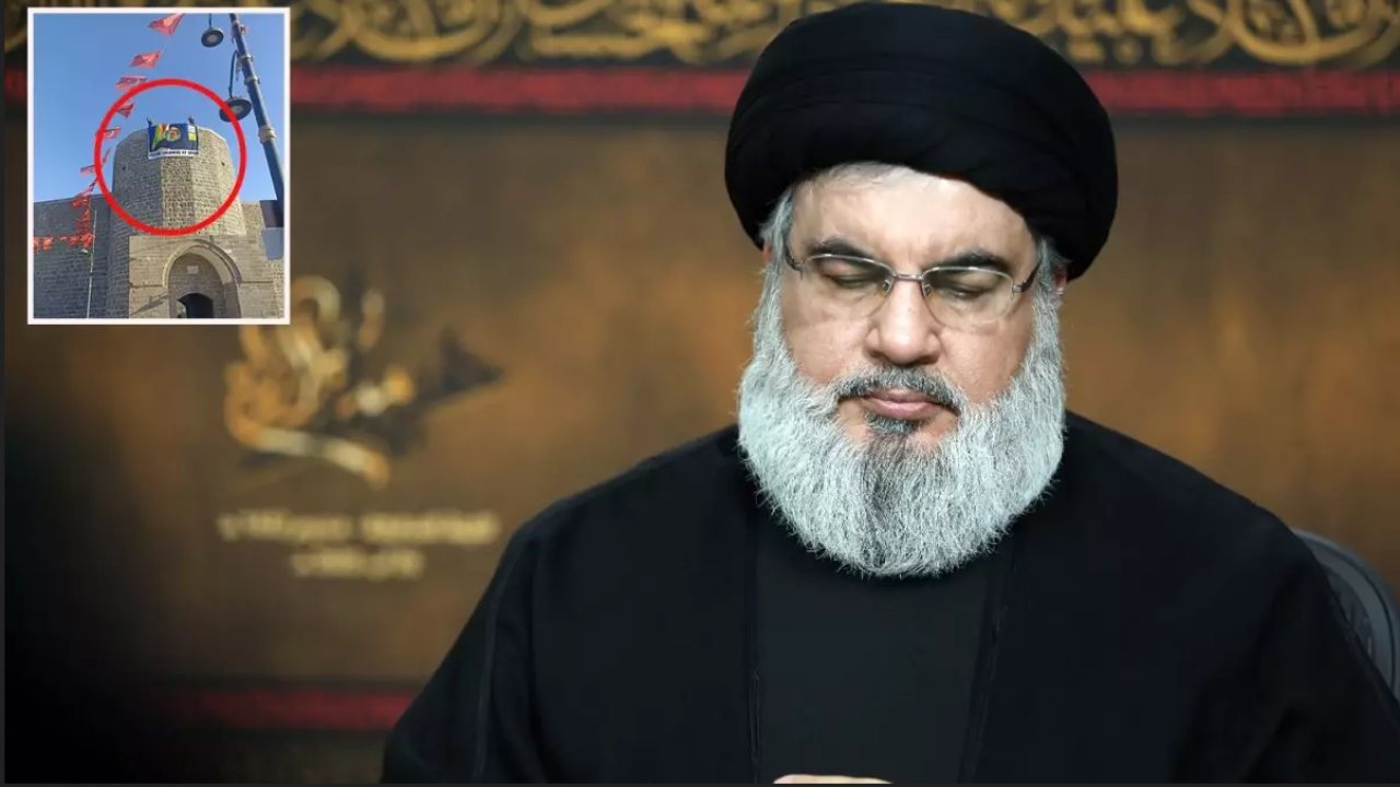 Diyarbakır'da tarihi surlara,  Nasrallah’ın posteri asıldı!