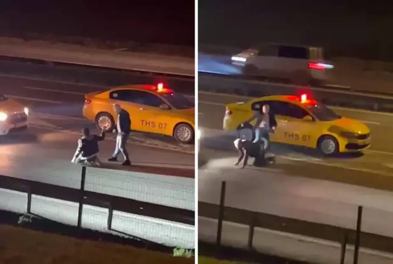 Taksi şoförü,  ücretini ödemeyen yolcuyu akan trafikte tekme tokat dövdü