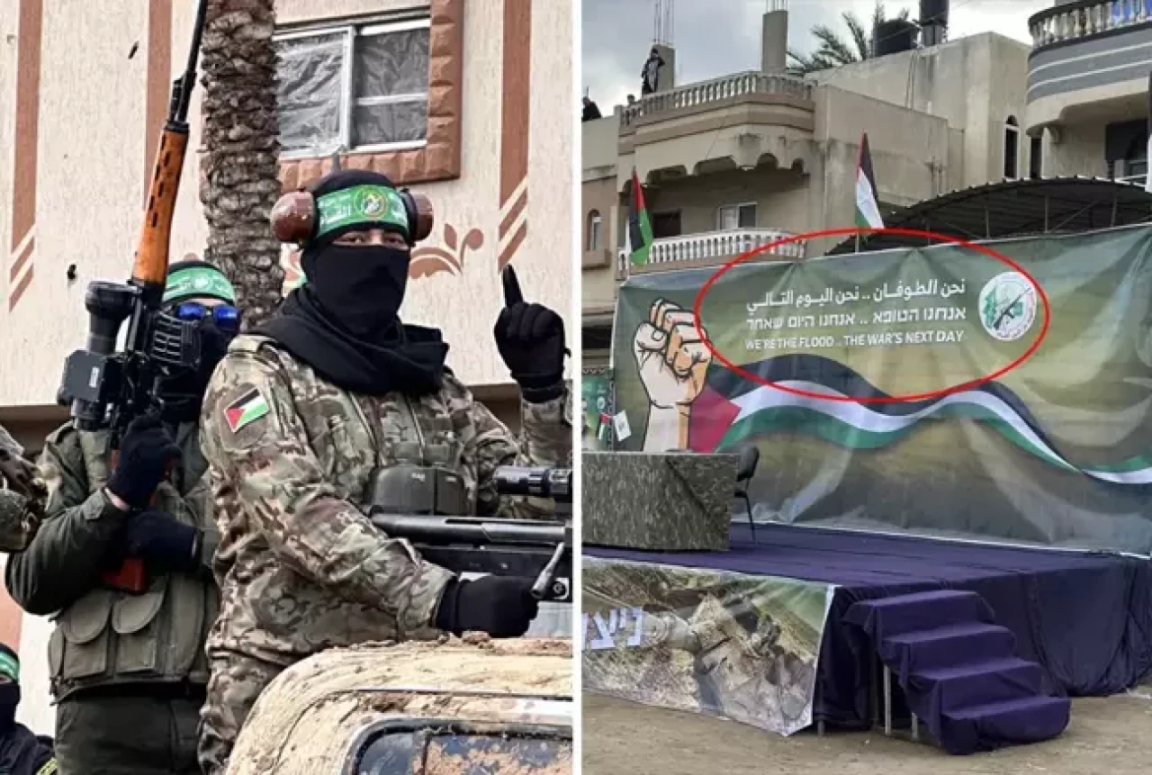 Trump'ın  planına esir takasında asılan pankartla yanıt verdiler!