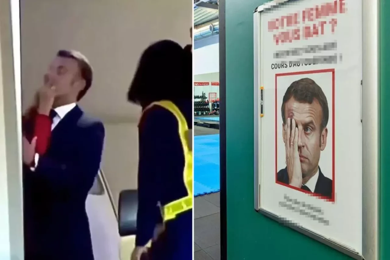 Eşinden tokat yiyen Macron rezil oldu! Afişte yazan slogan bomba