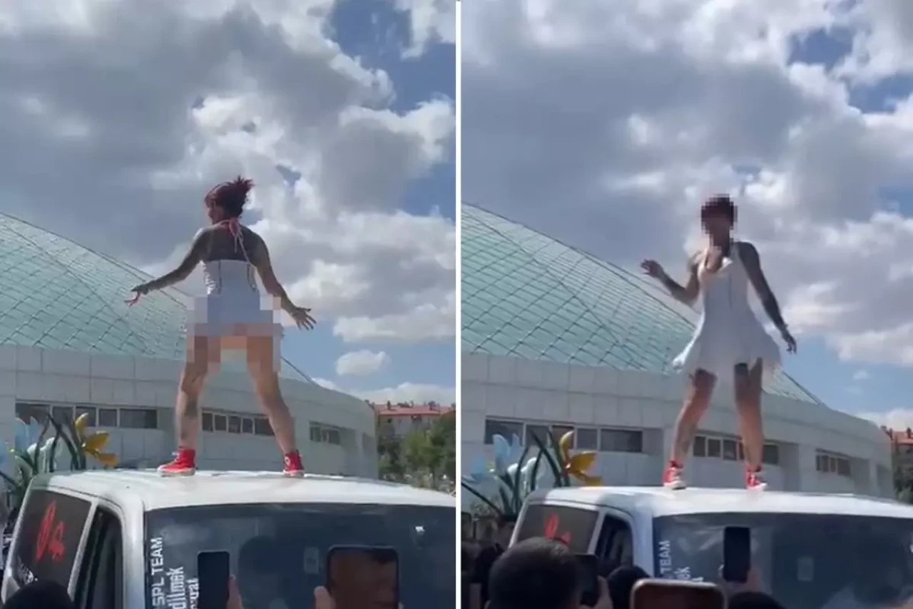 İlginç fuar! Kadını onlarca erkeğin gözü önünde aracın üstüne çıkarıp...