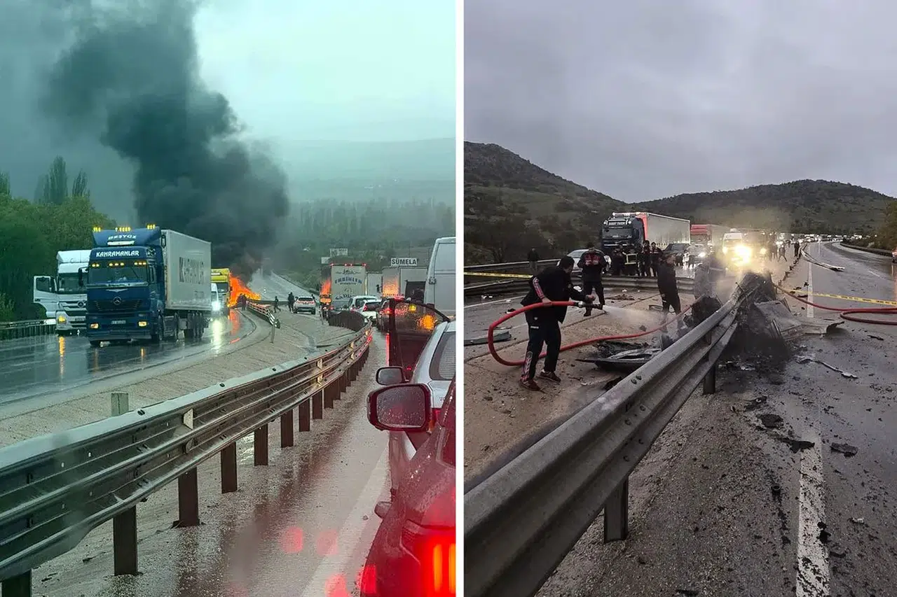 Bariyerlere çarparak yanan otomobilin sürücüsü feci şekilde can verdi