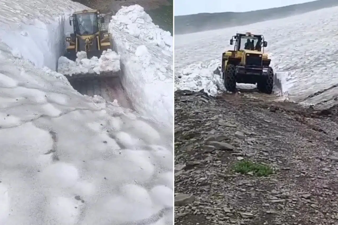Yaz ortasında şaşırtan manzara! Kars'ta 3 metrelik kar kütleleri temizleniyor
