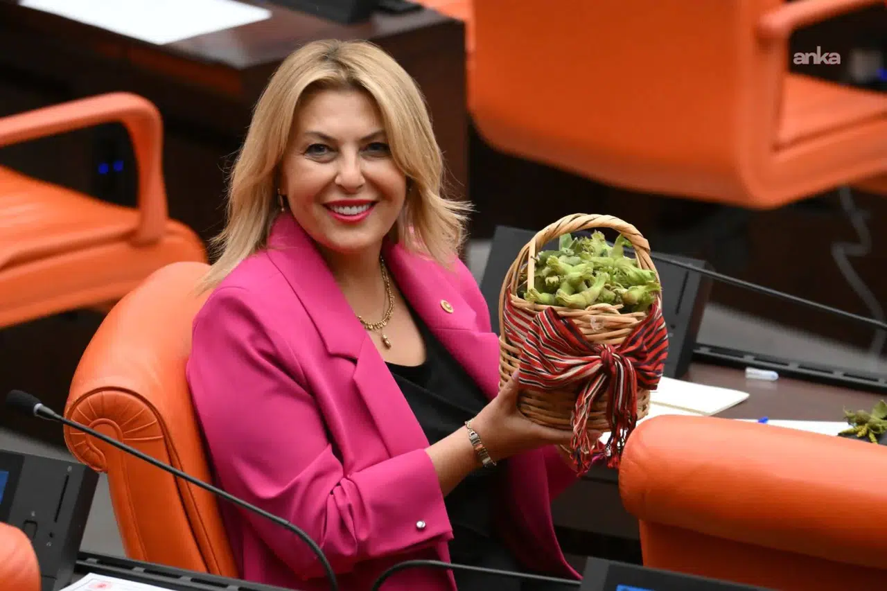 Elvan Işık Gezmiş'ten TBMM Genel Kurulu'na fındık sepeti ve kara lastikle çıktı