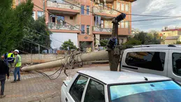 Antalya'da elektrik direği otomobilin üzerine düştü