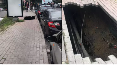 Kaldırım çöktü,  kadın içine düştü!