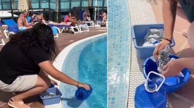 Turistlerin kaldığı otelin havuzunda bulaşık yıkadı