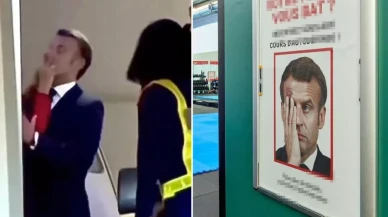 Eşinden tokat yiyen Macron rezil oldu! Afişte yazan slogan bomba