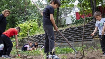 Anaokulu öğrencileri mutfak atıklarıyla işledikleri okul bahçesinde meyve sebze yetiştiriyor