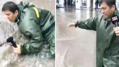 TRT muhabirinin zor anları! Sel haberini sunarken canlı yayında rögara düştü