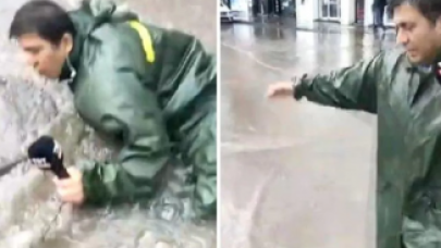 TRT muhabirinin zor anları! Sel haberini sunarken canlı yayında rögara düştü