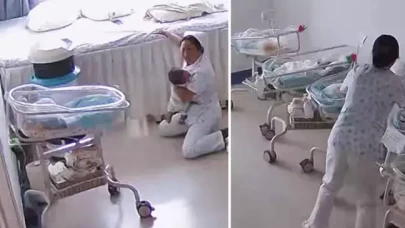 Hemşireler şiddetli deprem sırasında bebekleri korumaya çalıştı