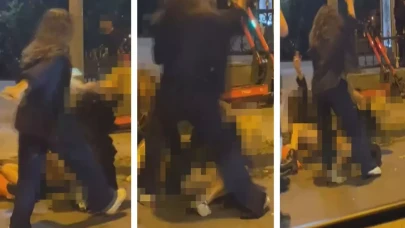 Bir kadın, cadde ortasında iki kadını birden yere serip yumrukladı