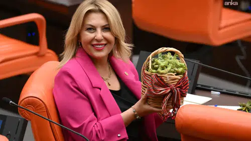 Elvan Işık Gezmiş'ten TBMM Genel Kurulu'na fındık sepeti ve kara lastikle çıktı