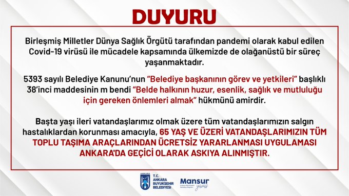 Ankara'da 65 yaş üstü ücretsiz toplu taşıma askıya alındı